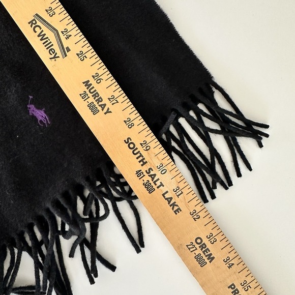 Polo Ralph Lauren Scarf Unisex Black Lambswool Purple Pony Fringe Italy Luxury - Picture 8 of 9